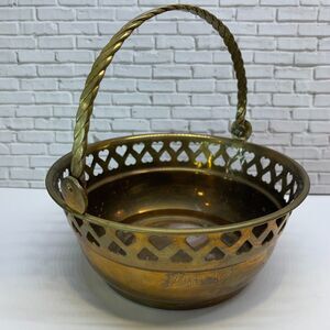 Vintage Brass Bowl Basket with Folding Handle 5.5 Diameter Small Cut Out Hearts